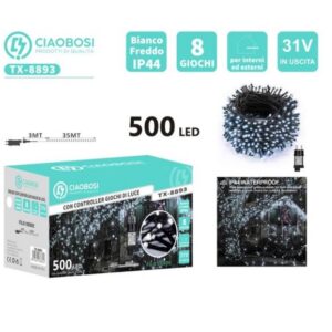Stringa 500 Led 35mt Bianco Freddo Con 8 Giochi di Luci IP44